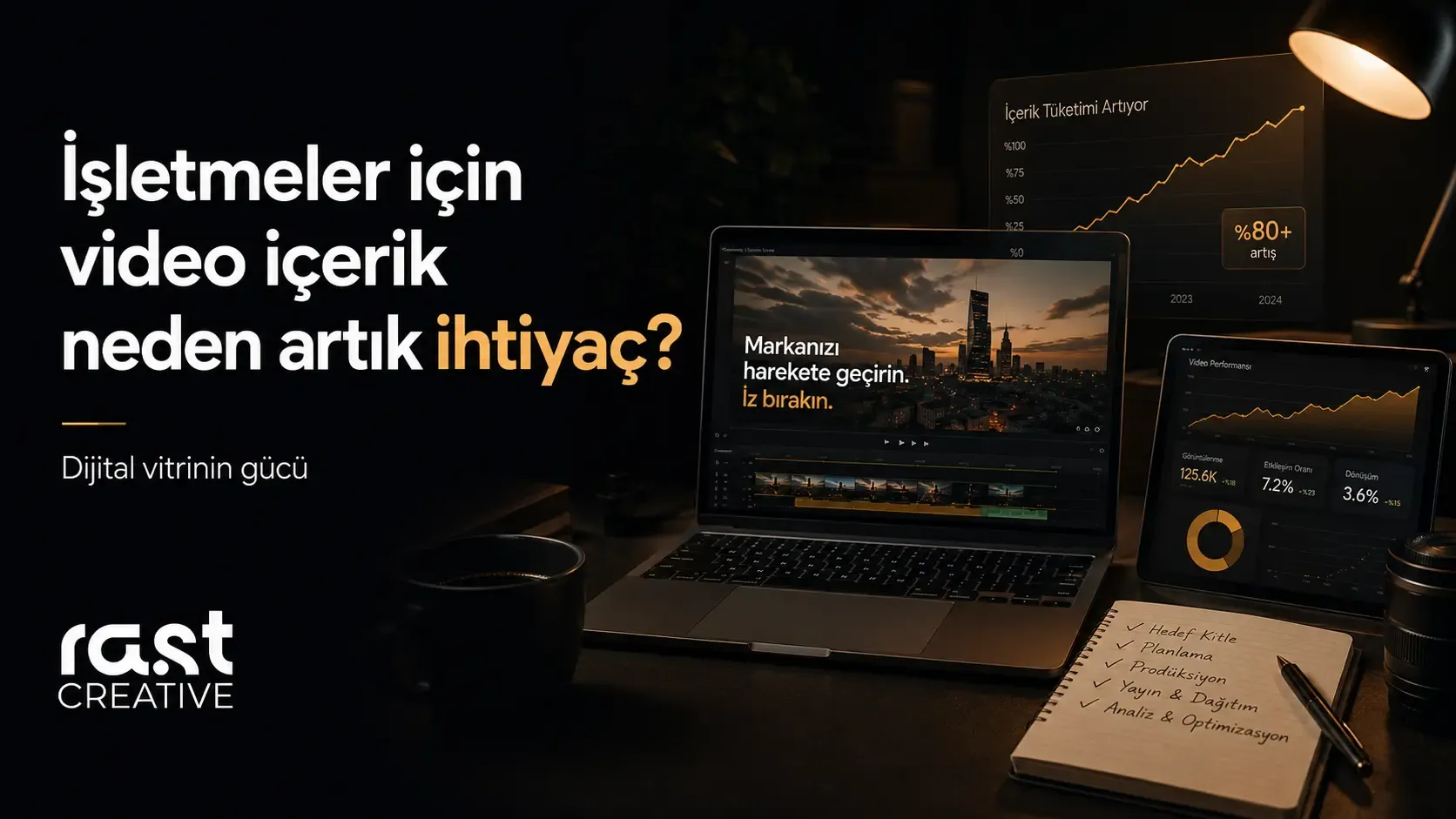 Rast Creative blog yazısı için hazırlanan, işletmelerde video içeriğin önemini anlatan koyu tonlu profesyonel masaüstü görseli; laptop ekranında video kurgu arayüzü, analiz grafikleri ve “İşletmeler için video içerik neden artık ihtiyaç?” başlığı yer alıyor.