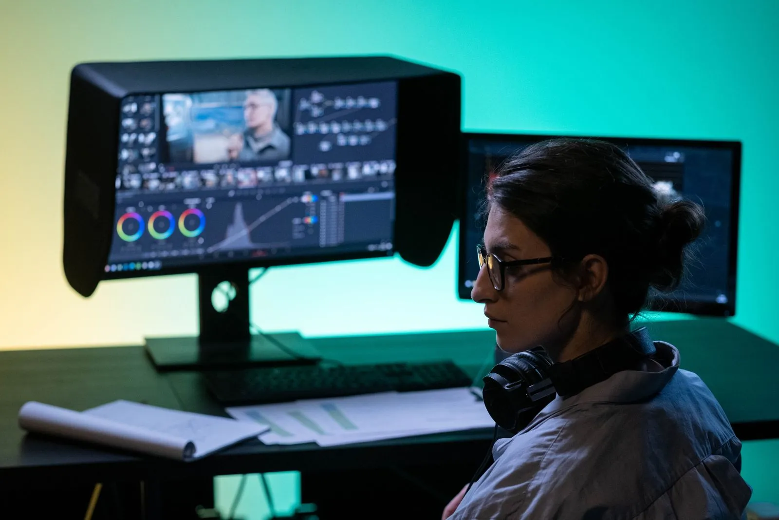 Loş ışıkta çift monitörde renk düzenleme yapan editör — post-prodüksiyon