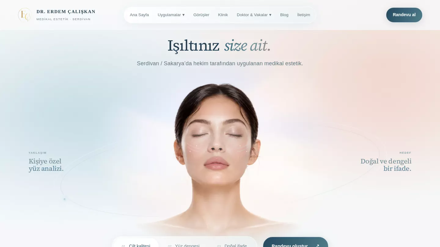 serdivanestetik.com ana sayfası: Işıltınız size ait başlığı ve kadın portresi
